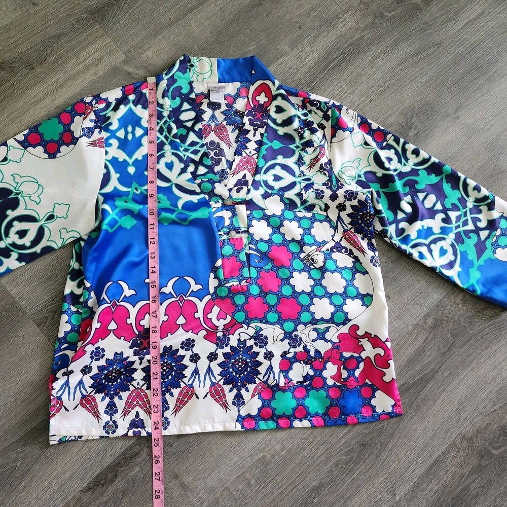 Natori Satin Pajama Set L Blue Pink Morrocan Tile Kimono Top Lounge Pants Resort - Picture 15 of 16